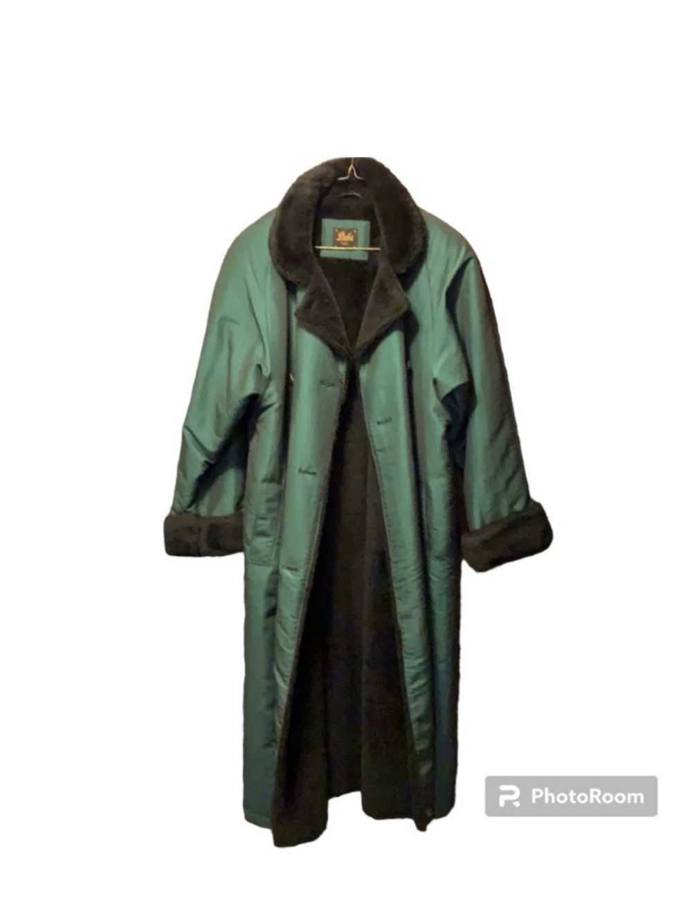 Vintage Luba Paris Green Coat | Black Faux Fur Collar & Cuffs | Size 10